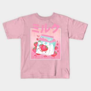 Retro 90s Japanese Kawaii Strawberry Milk Shake Carton Kids T-Shirt